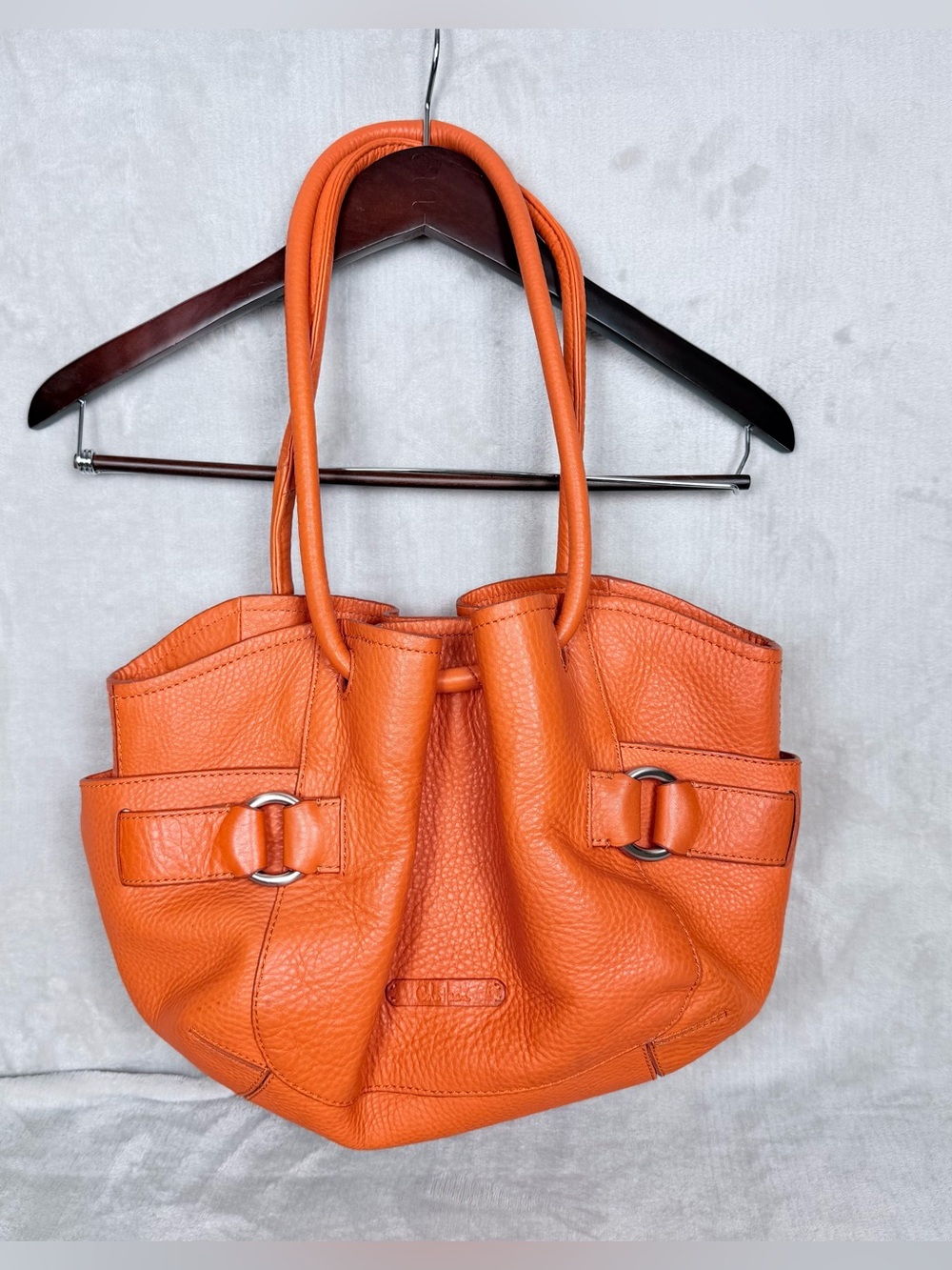 Cole Haan Orange Pebbled Leather Shoulder Tote Bag Silver Hardware
